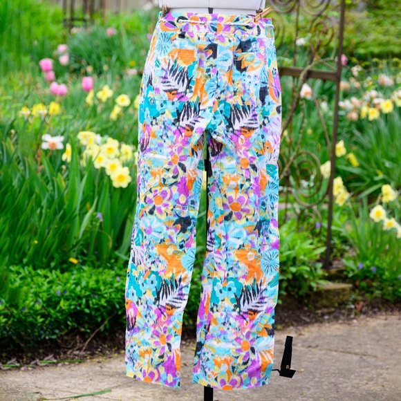 EtCetera Rope-belt Turquoise, Orange, & White Cotton & Linen Pants - Picture 2 of 3